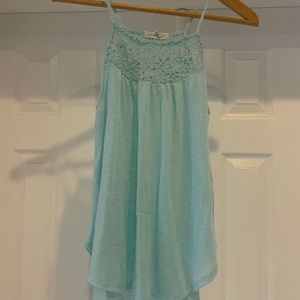 Aeropostale teal knit top with lace detailed neckline and spaghetti straps.